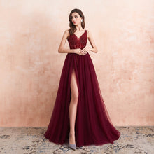 Charger l'image dans la galerie, Sexy Tulle Long Prom Dresses 2020 New Arrival Beaded Split A-Line V-Neck Special Occasion Evening Party Gown