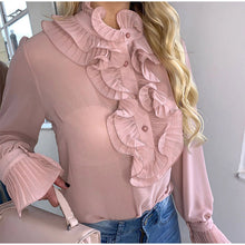 Charger l'image dans la galerie, Girls Chiffon Ruffles Womens Blouses White Flare Sleeve With Buttons See Through Female Blouse 2020 Summer Sweety Thin Lady Tops