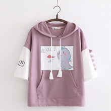 Charger l'image dans la galerie, Women Dinosaur Print Funny Hooded Sweatshirts With Pocket 2020 Spring Short Sleeve Cotton Hoodies Harajuku Pullovers Tracksuit