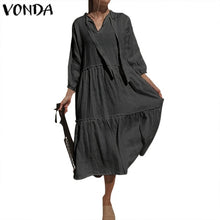 Charger l'image dans la galerie, VONDA Plus Size Elegant Mid-Calf Dress 2019 Autumn Women Sexy V Neck Party Dress Vintage Solid Sundress Bohemian Beach Vestido