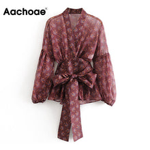 Charger l'image dans la galerie, Aachoae Women V Neck Blouses With Belt 2020 Floral Print Vintage Chiffon Blouse Shirt Casual Batwing Long Sleeve Tops Blusas
