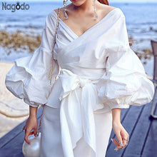 Charger l'image dans la galerie, Nagodo Slim puff sleeve top 2019 New Autumn Sexy V neck White Blouse clothes with Bow Belt  Cotton Plus size tunique for women
