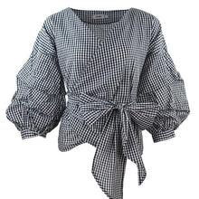 Charger l'image dans la galerie, Nagodo Slim puff sleeve top 2019 New Autumn Sexy V neck White Blouse clothes with Bow Belt  Cotton Plus size tunique for women

