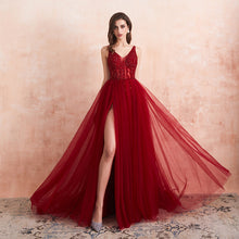 Charger l'image dans la galerie, Sexy Tulle Long Prom Dresses 2020 New Arrival Beaded Split A-Line V-Neck Special Occasion Evening Party Gown
