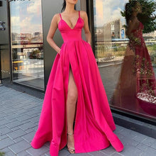Charger l'image dans la galerie, Spaghetti Strap Fuchsia Satin High Slit Long Prom Dress 2020 Plus Size Prom Dresses Girls A Line  vestidos de graduacion Formal

