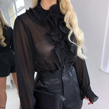 Charger l'image dans la galerie, Girls Chiffon Ruffles Womens Blouses White Flare Sleeve With Buttons See Through Female Blouse 2020 Summer Sweety Thin Lady Tops
