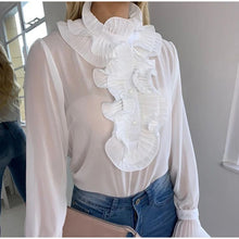 Charger l'image dans la galerie, Girls Chiffon Ruffles Womens Blouses White Flare Sleeve With Buttons See Through Female Blouse 2020 Summer Sweety Thin Lady Tops
