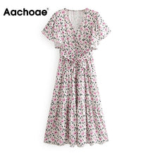 Charger l'image dans la galerie, V Neck Floral Print Elegant Dress For Women Flare Short Sleeve Bandage Long Maxi Dress Fashion Loose Pleated Dresses Robe Femme
