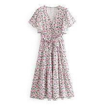 Charger l'image dans la galerie, V Neck Floral Print Elegant Dress For Women Flare Short Sleeve Bandage Long Maxi Dress Fashion Loose Pleated Dresses Robe Femme
