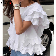 Charger l'image dans la galerie, Women Shirts Blouse   Layered Lace Lotus Leaf Lace Round Neck Pullover Shirt Women White Summer Women Shirt Casual Cotton Short
