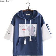 Charger l'image dans la galerie, Women Dinosaur Print Funny Hooded Sweatshirts With Pocket 2020 Spring Short Sleeve Cotton Hoodies Harajuku Pullovers Tracksuit
