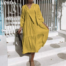Charger l'image dans la galerie, VONDA Plus Size Elegant Mid-Calf Dress 2019 Autumn Women Sexy V Neck Party Dress Vintage Solid Sundress Bohemian Beach Vestido

