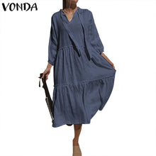 Charger l'image dans la galerie, VONDA Plus Size Elegant Mid-Calf Dress 2019 Autumn Women Sexy V Neck Party Dress Vintage Solid Sundress Bohemian Beach Vestido
