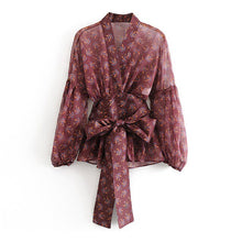 Charger l'image dans la galerie, Aachoae Women V Neck Blouses With Belt 2020 Floral Print Vintage Chiffon Blouse Shirt Casual Batwing Long Sleeve Tops Blusas
