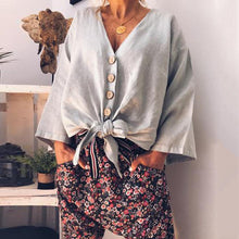 Charger l'image dans la galerie, Casual Women Autumn Solid Color Deep V Neck Buttons Knot Loose Blouse Shirt Women Buttons Knot Loose Blouse Shirt Blouse Shirt
