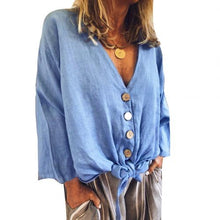Charger l'image dans la galerie, Casual Women Autumn Solid Color Deep V Neck Buttons Knot Loose Blouse Shirt Women Buttons Knot Loose Blouse Shirt Blouse Shirt
